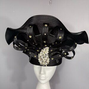 BEN MARC INTERNATIONAL BLACK CHURCH LADY HAT. JEWELED WITH ORNATE FRONT.